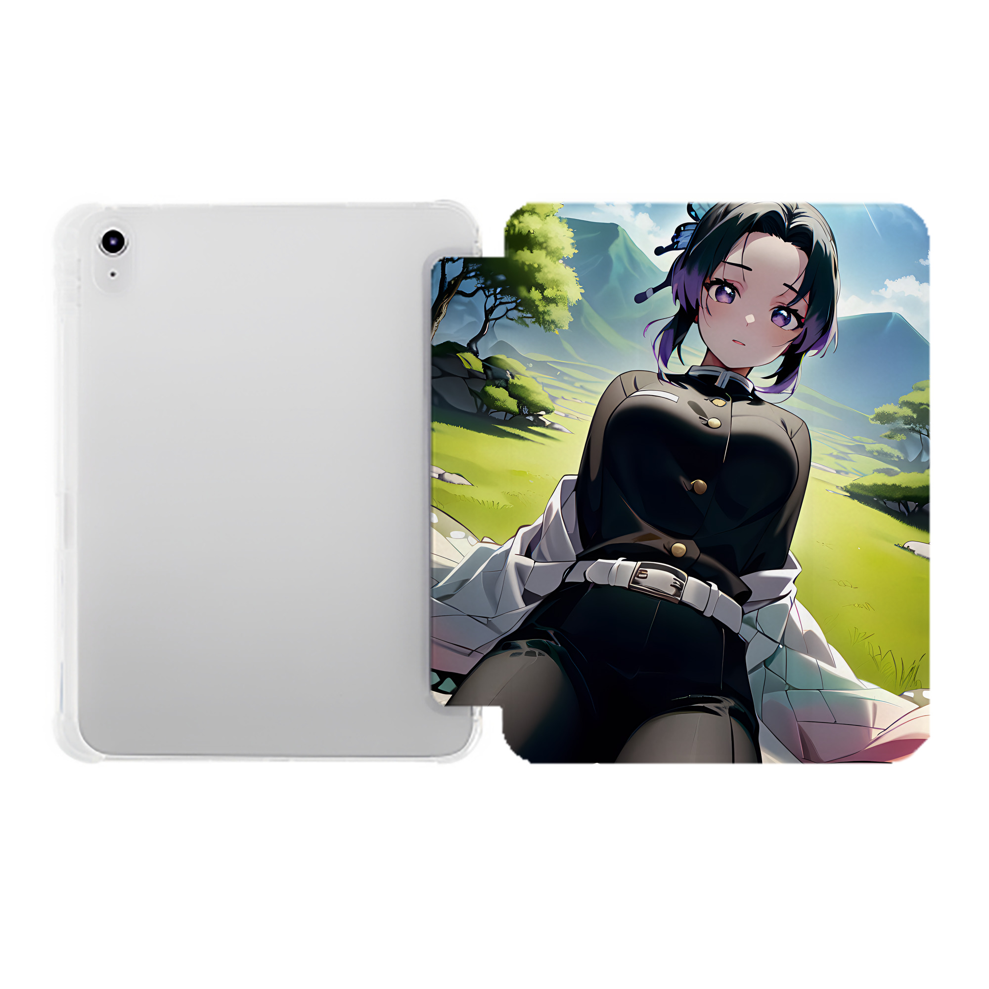 （画像用） 鬼滅の刃（きめつのやいば）蟲柱-胡蝶 しのぶ／こちょう しのぶ Kochou Shinobu IPad ケース ペン収納付き 三つ折りスタンド PUレザー×シリコン 対応機種9.5/10.5/10.9インチ